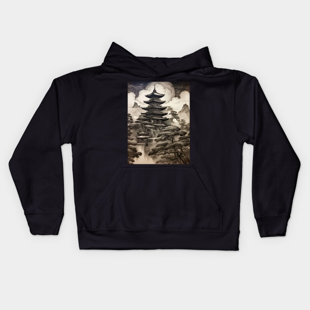 Japanese Castle Woodblock Engraving Style Kids Hoodie by entwithanaxe